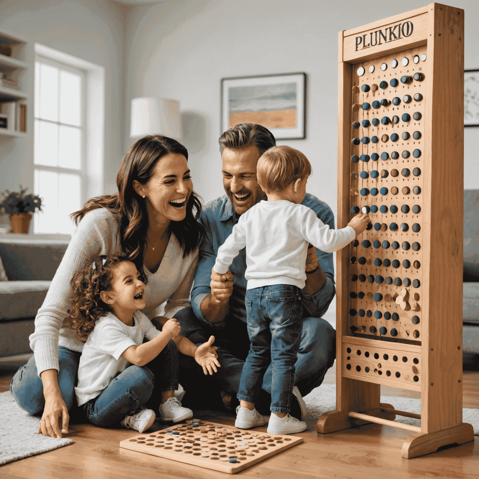 Une famille heureuse jouant ensemble au jeu Plinko, riant et s'amusant