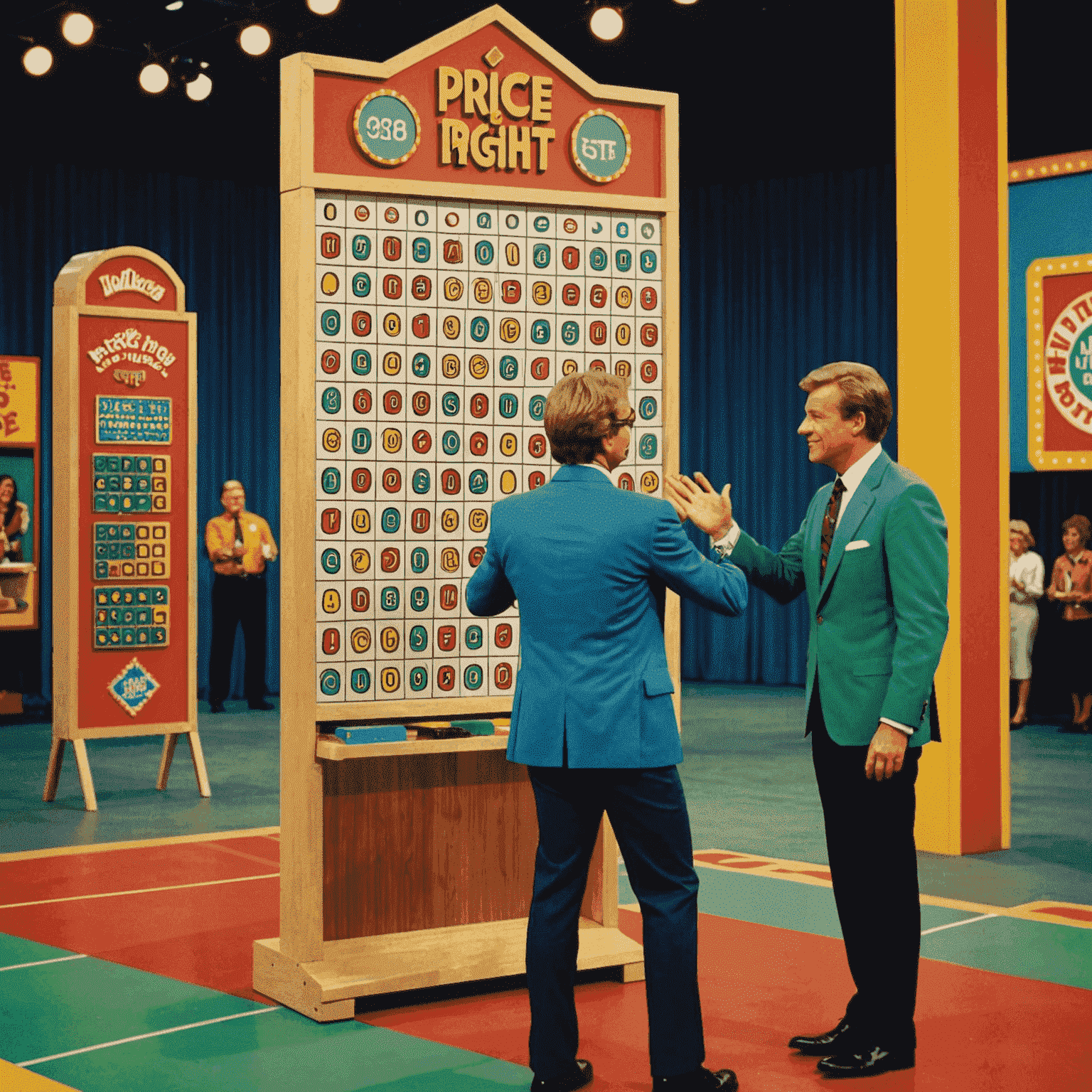 Une photo de Plinko joué sur le plateau de The Price is Right dans les années 1980, avec le présentateur et un candidat debout à côté du grand tableau de jeu vertical.