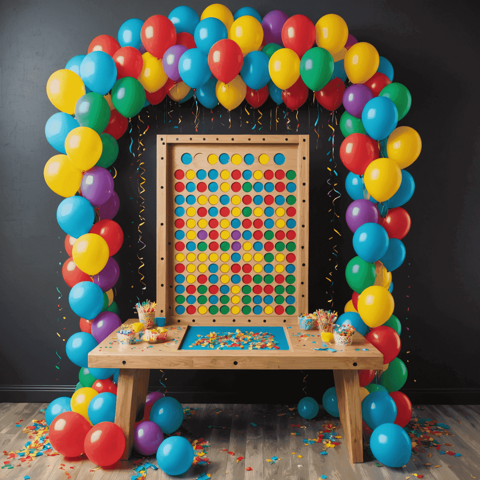 Une table de fête Plinko décorée avec des ballons colorés, des confettis et un tableau Plinko. Des prix emballés sont disposés autour de la table.