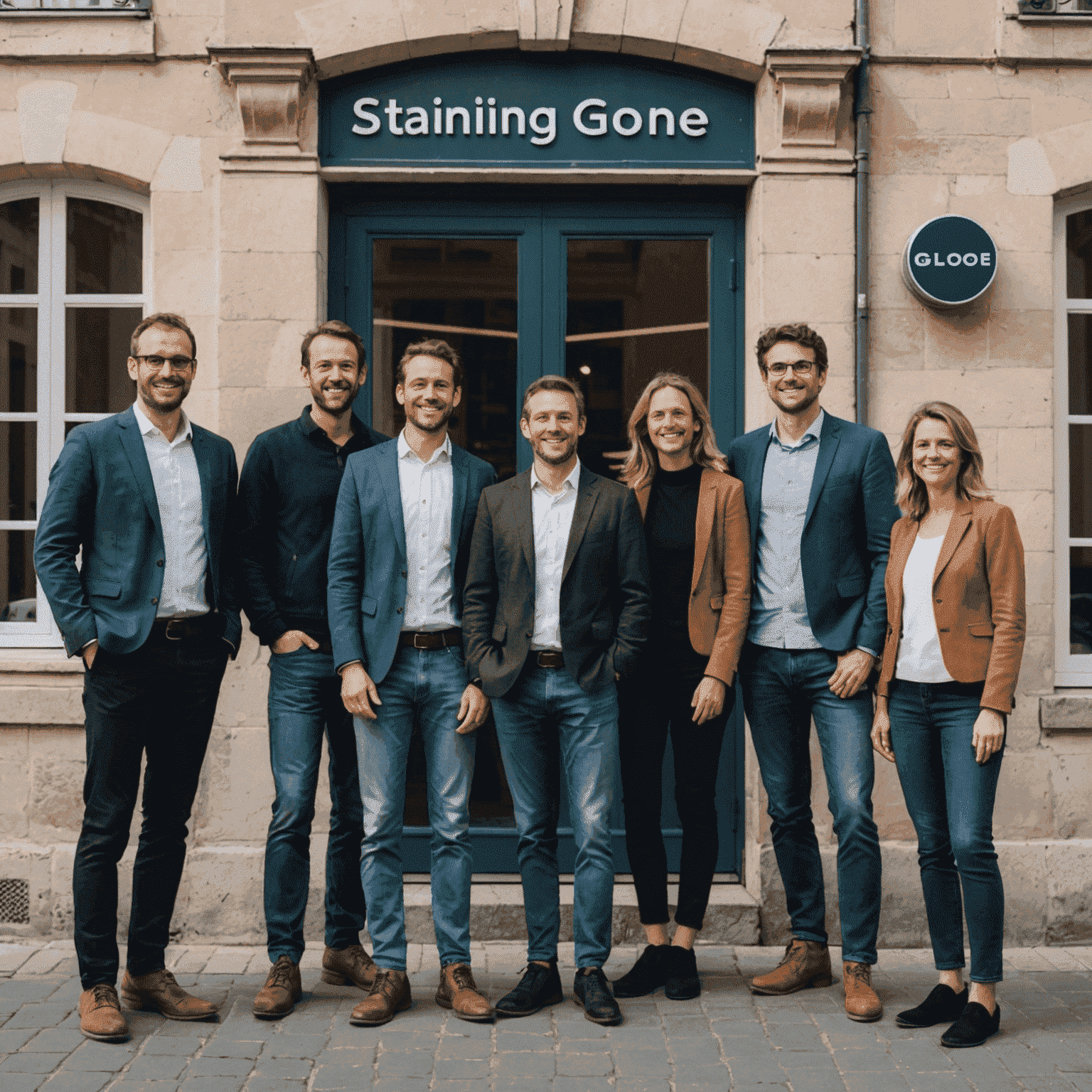 Photo de groupe de l'équipe fondatrice de stakesgone souriante devant leur bureau en France