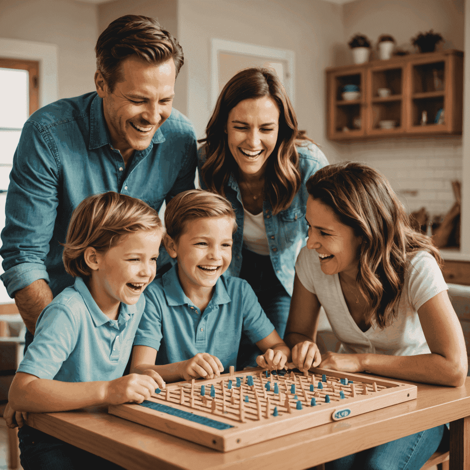 Une photo d'une famille heureuse jouant ensemble à un jeu de Plinko sur une table, riant et s'amusant.