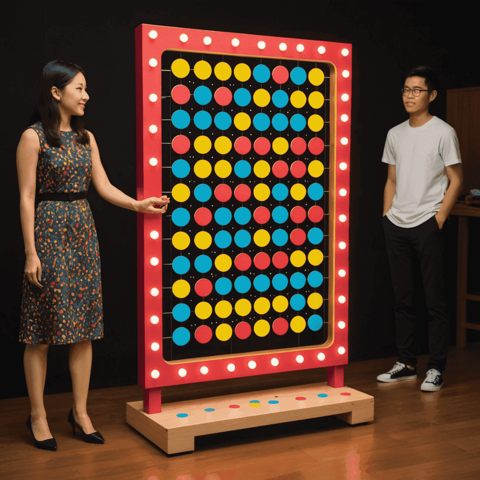 Photo d'une version asiatique colorée et animée du jeu Plinko, avec des lumières clignotantes et des effets sonores