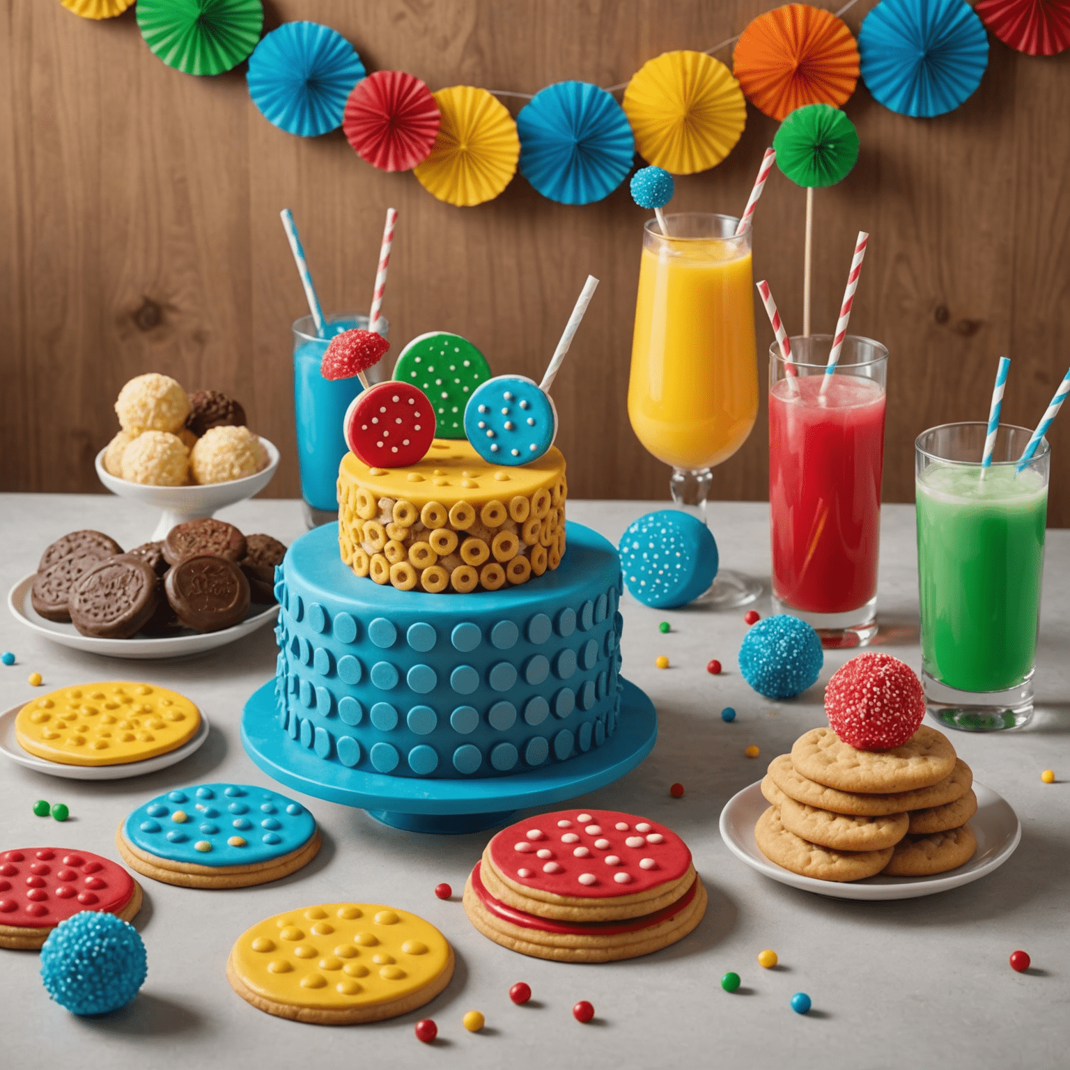 Une sélection de collations et de boissons à thème Plinko, y compris des biscuits en forme de jetons Plinko, des cake pops et des cocktails colorés.