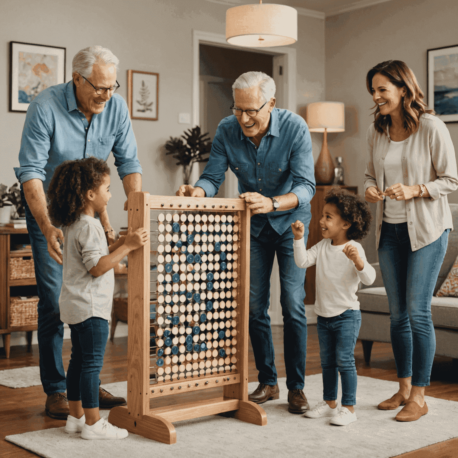 Photo joyeuse d'une famille multi-générationnelle jouant ensemble au Plinko stakesgone dans son salon