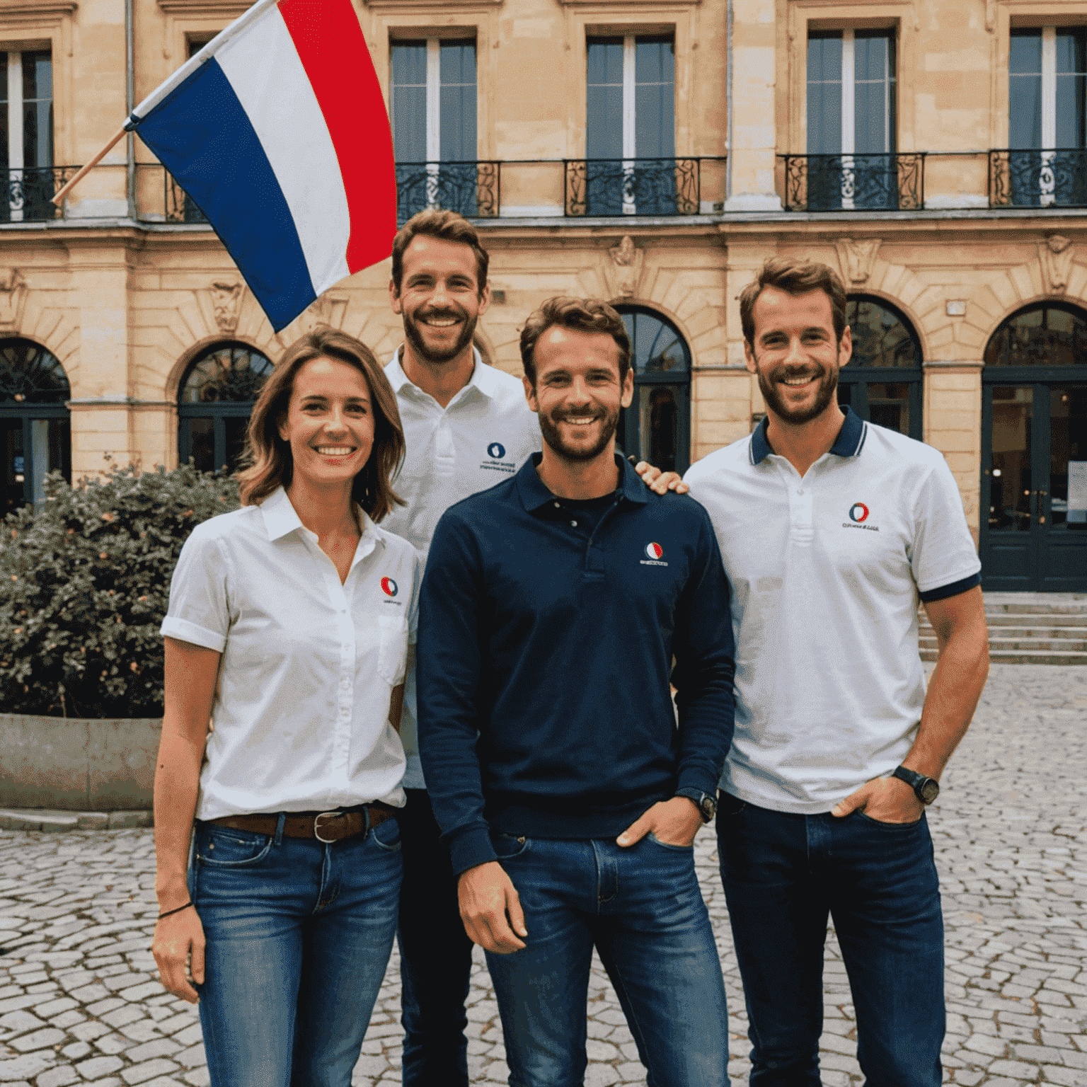 Une photo de l'équipe de stakesgone souriante, avec le drapeau français en arrière-plan.